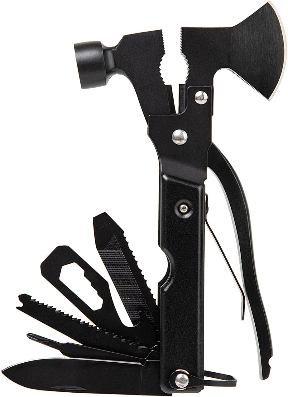 Multitool Camping Accessories, Outdoor Hiking Hatchet Multi Tool Survival Gear, Gifts for Men Dad Husband, 14 in 1 Multi Tool with Axe Hammer Saw Pliers Knife Durable Sheath - Black